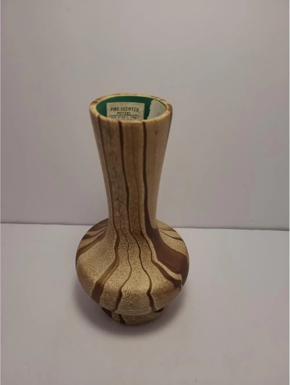 Vintage Pine Scented Pottery Wood Grain Style Ceramic Brown Green Inside Vase 7